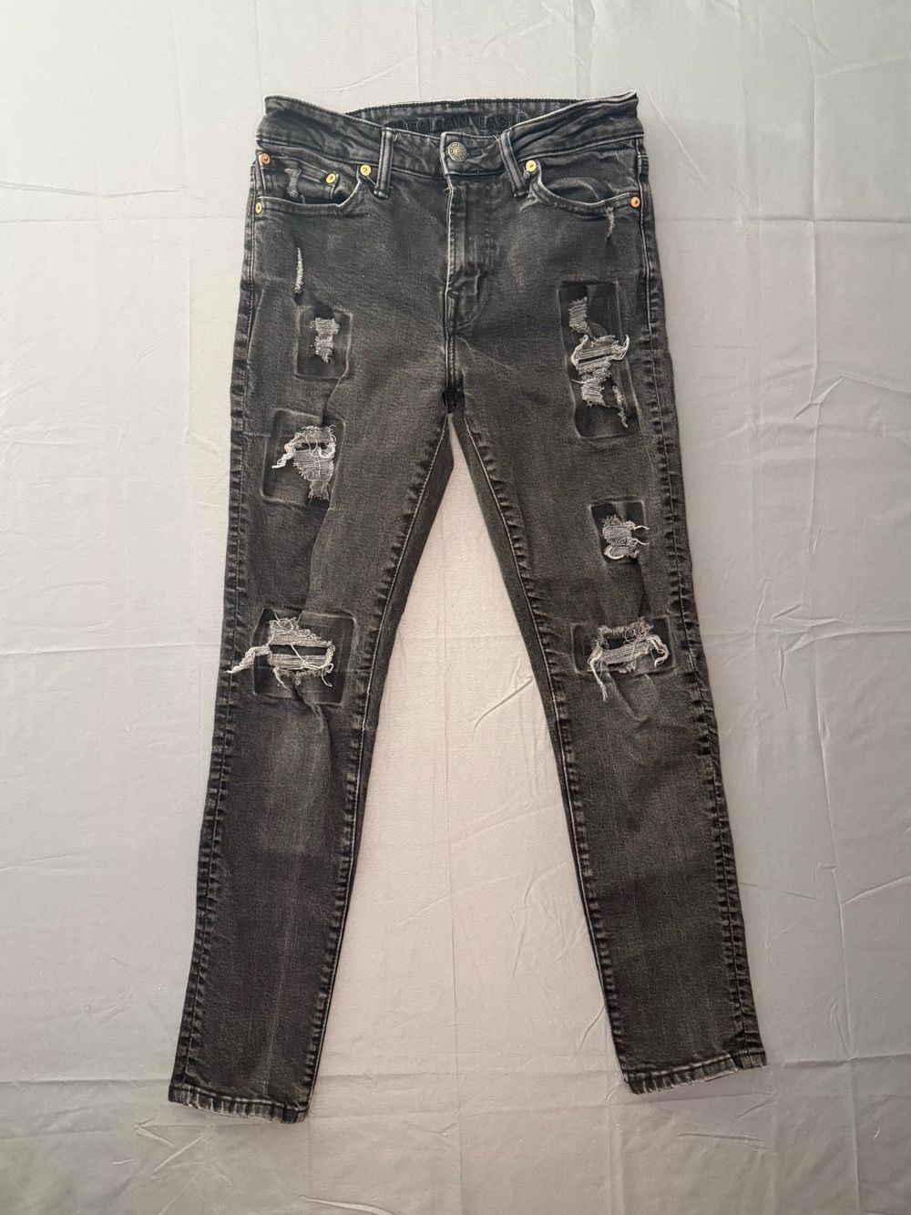 American Eagle Skinny Distressed Patched Jeans Faded Black